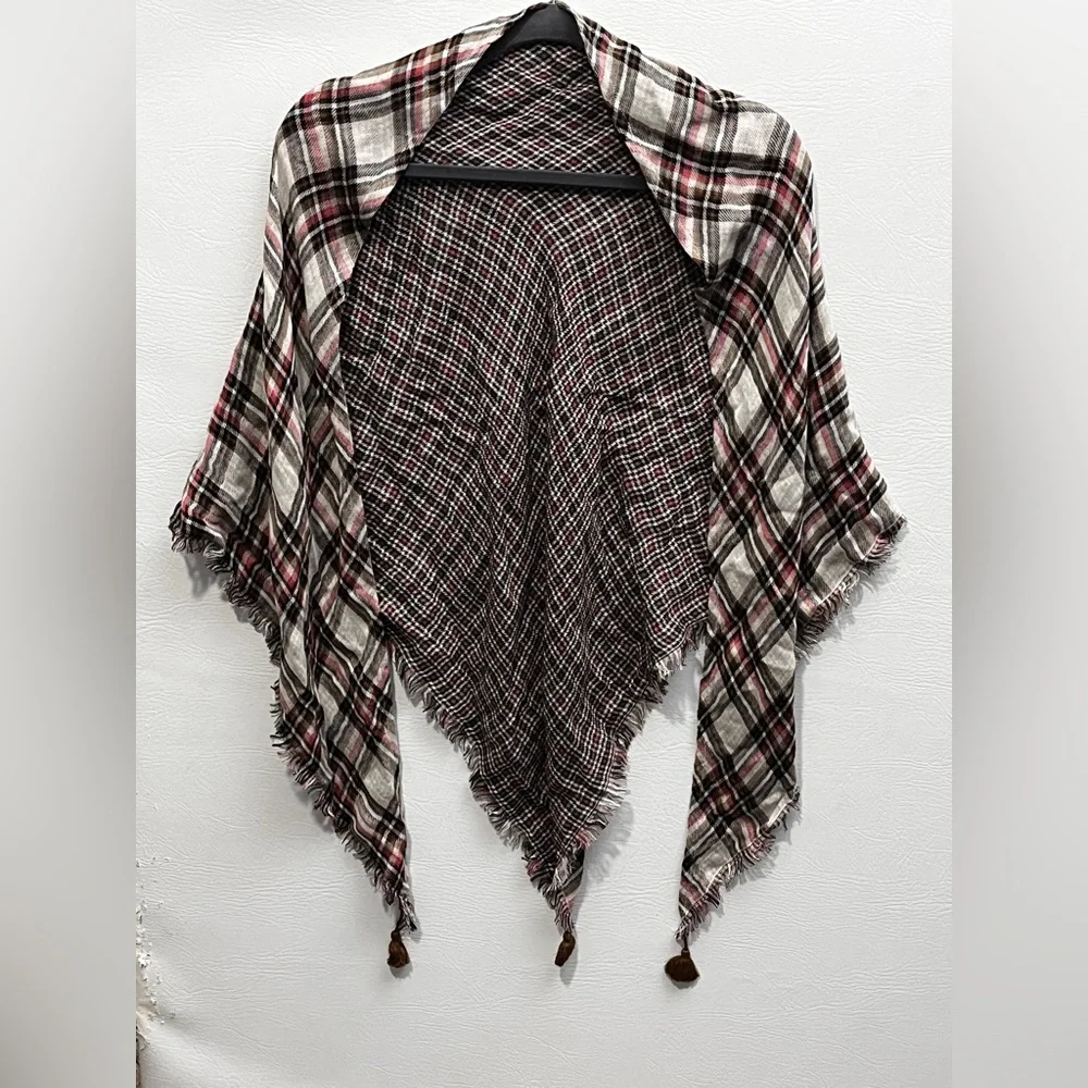 J. Jill Plaid Fringe Scarf Shawl in Cream, Black & Burgundy